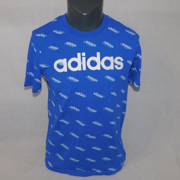 Adidas Mens M Blue White All over Spelllout Print Fave Crew Neck  T Shirt - Picture 1 of 8